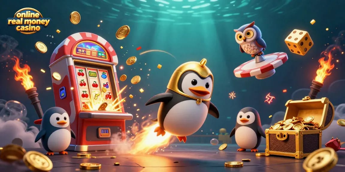 Experience excitement at an online real money casino with a golden penguin and jackpots.