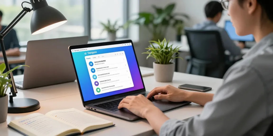 Navigate the Telegram Chinese Version interface in a modern workspace setting, showcasing language packs and user-friendly tips.