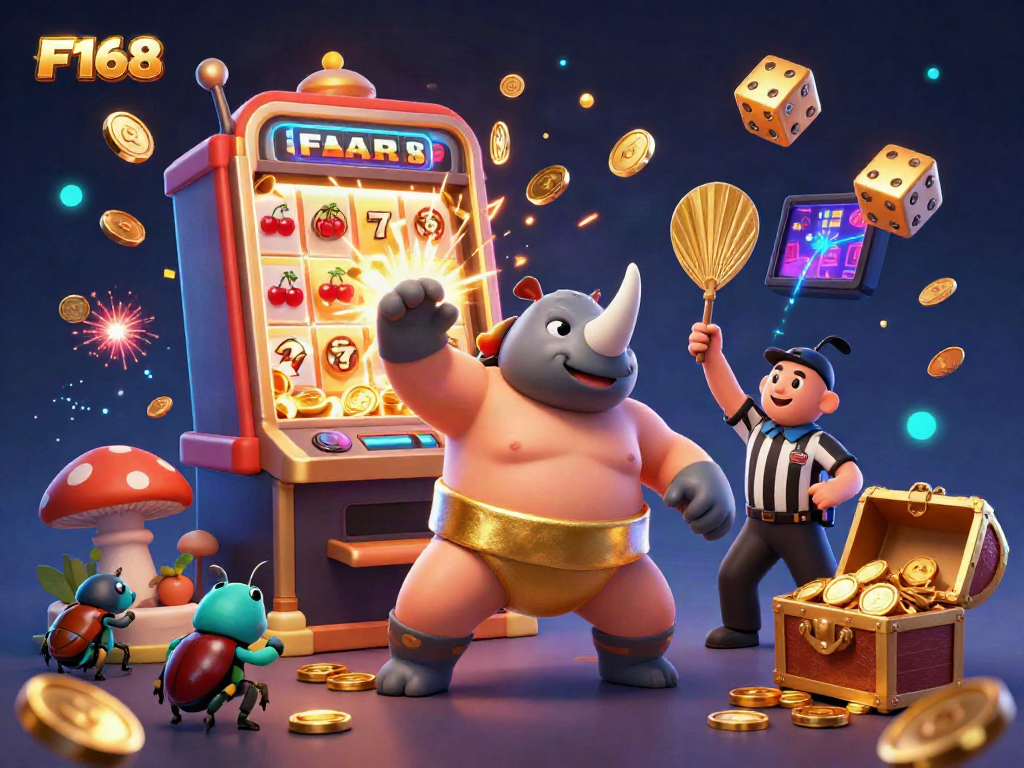 Experience thrilling gameplay at F168 with a dynamic scene of exciting casino elements and animated characters.