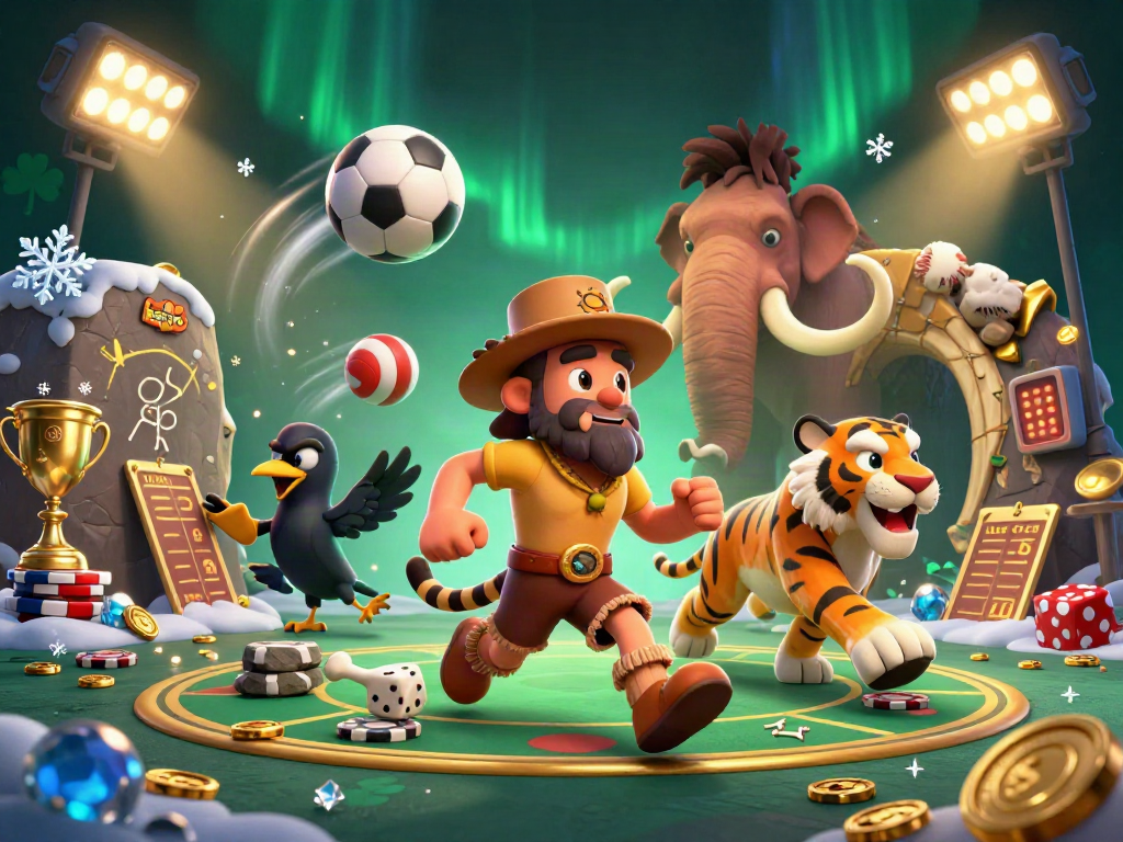 Kaasino brings excitement with a caveman and sabertooth tiger duo at a prehistoric casino, featuring vibrant sports elements.