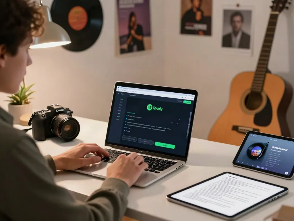 Engaged user exploring spotigeek.com on Spotify in a cozy home office.