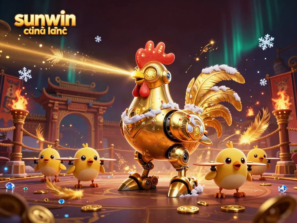 Experience thrilling fun with sunwin chính hãng featuring a retro-futuristic robot and a dynamic casino scene.