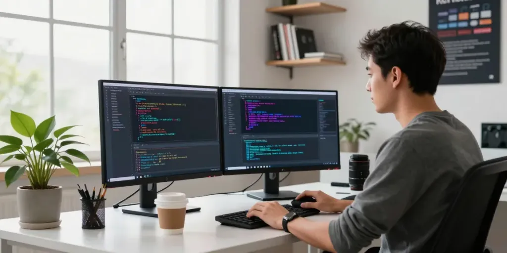 Developer coding in a vibrant workspace, showcasing LLM optimization techniques and tools.