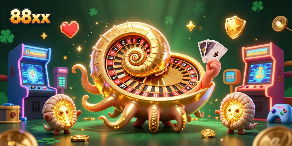 Engage with 88xx through a vibrant casino scene featuring a giant nautilus roulette wheel and glowing arcade elements.
