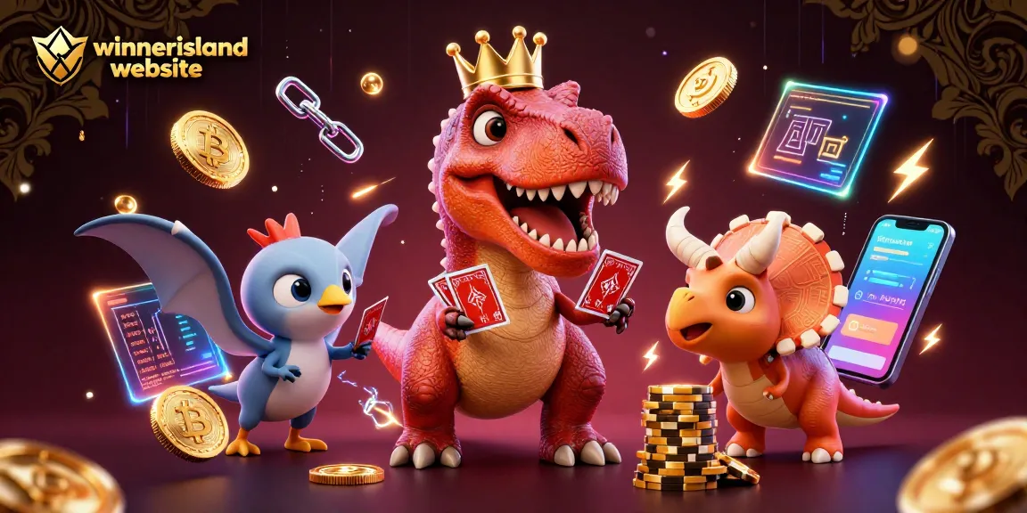 Bet big with exciting games on the winnerisland website surrounded by animated casino characters and crypto coins.