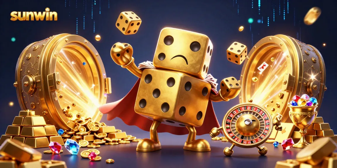 Experience thrill and excitement with Sunwin's magical casino scene featuring dynamic golden dice and treasures.