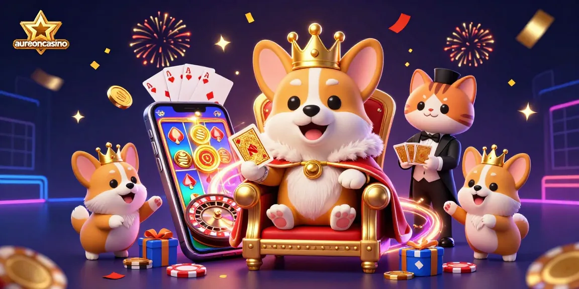 Aureoncasino enchants players with vibrant casino scene featuring royal corgi on poker throne and dynamic slot elements.